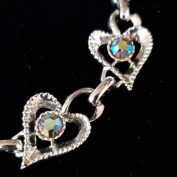 Vintage 1950s Rhinestone Heart Necklace Silver Tone - Picture 8 of 12